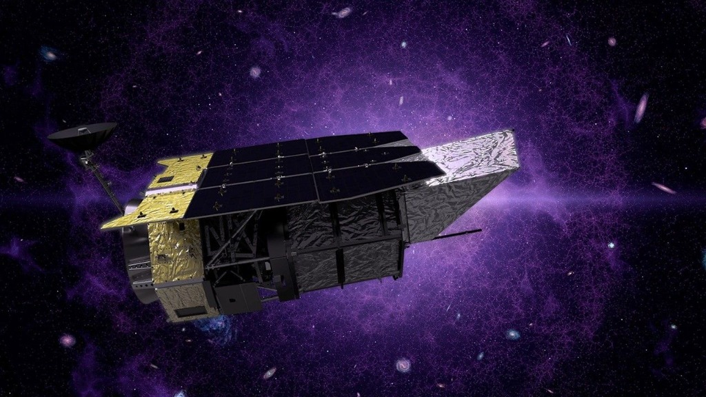 Artist concept of the Nancy Grace Roman Space Telescope against a deep space backdrop of galaxies and the cosmic web