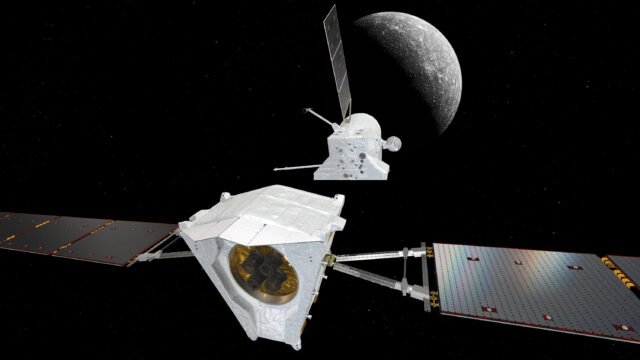 Artist's illustration of BepiColombo's propulsion module (bottom) separating from the spacecraft's t